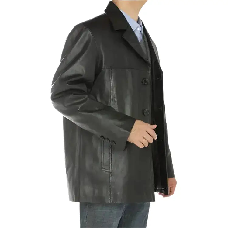 Mens Black Lambskin Leather Overcoat Blazer Jacket