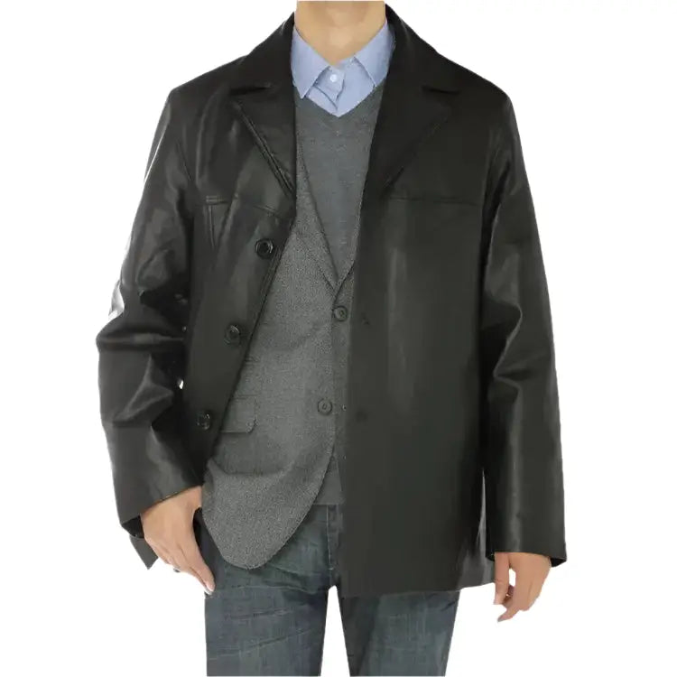 Mens Black Lambskin Leather Overcoat Blazer Jacket