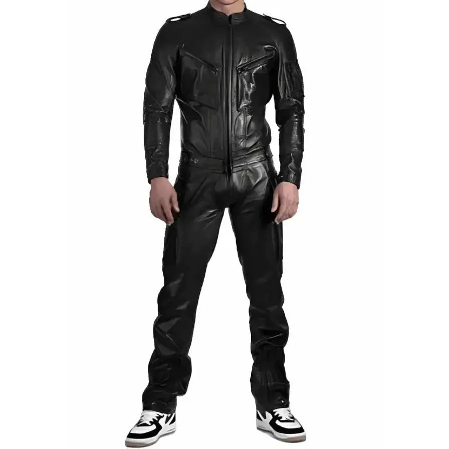 Men’s Black Leather Jumpsuit with Adjustable Straps