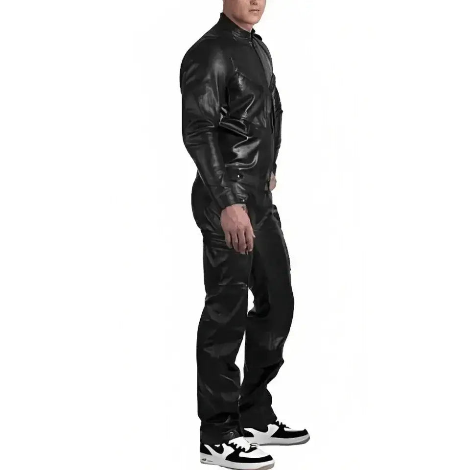 Men’s Black Leather Jumpsuit with Adjustable Straps