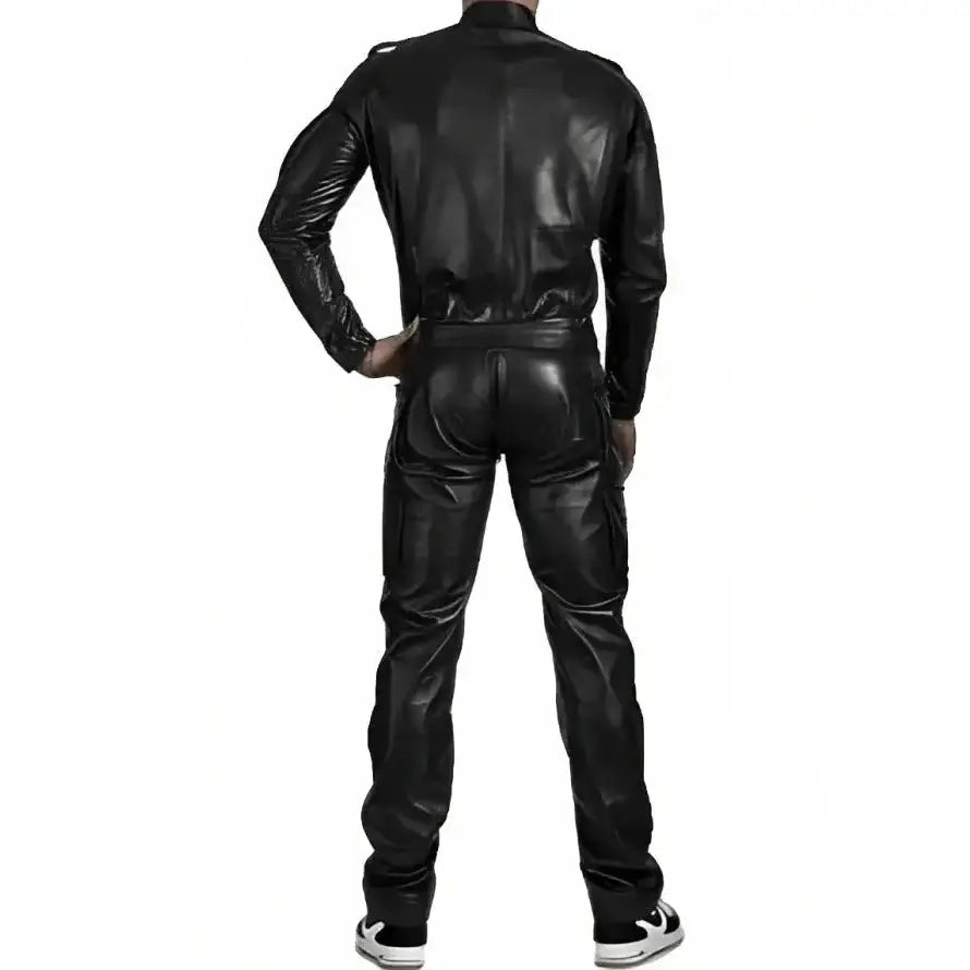 Men’s Black Leather Jumpsuit with Adjustable Straps