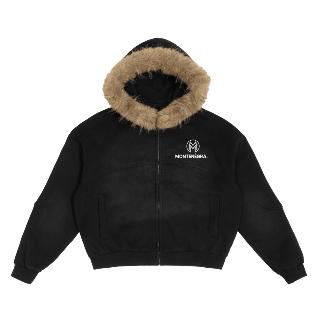 Montenégra Sun Fade Boxy Detachable Fur Hoodie - Premium Black.